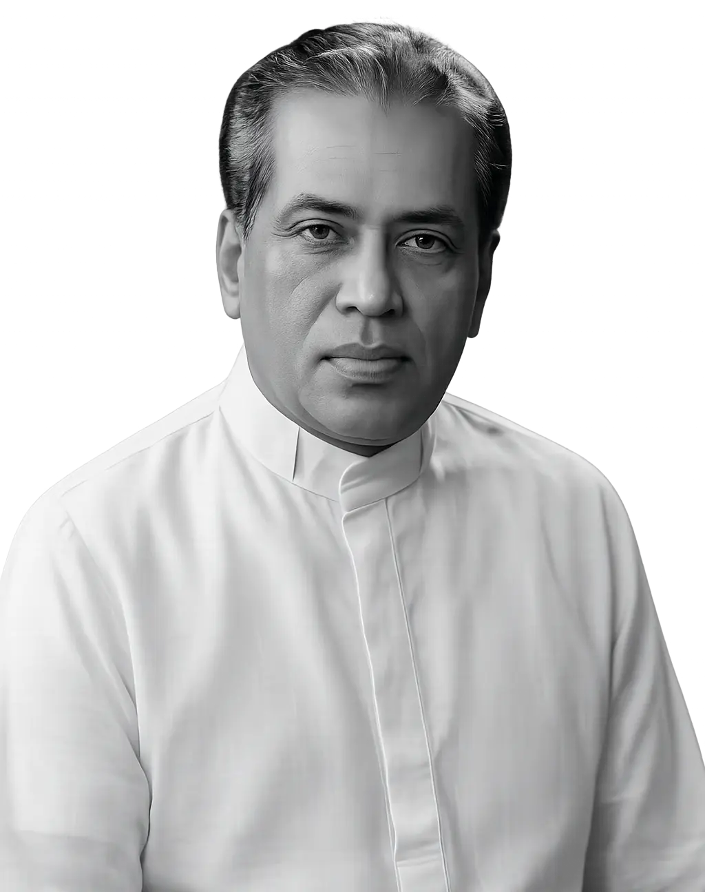 அருள்திரு. முனைவர் சேவியர் தனிநாயகம் அடிகளாரின் முறையான கருப்பு-வெள்ளை உருவப்படம்—வெள்ளை உயர் காலர் சட்டையில், வெற்றுப் பின்னணியில் கேமராவை நோக்கி